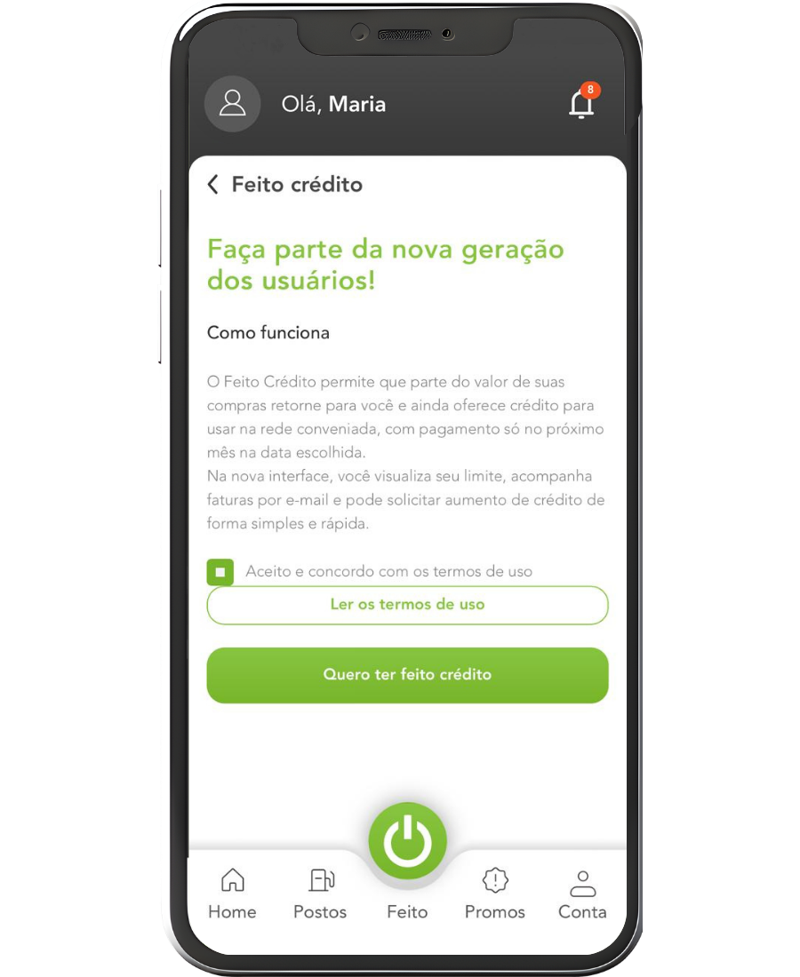 Tela dos termos de uso do Feito Crédito