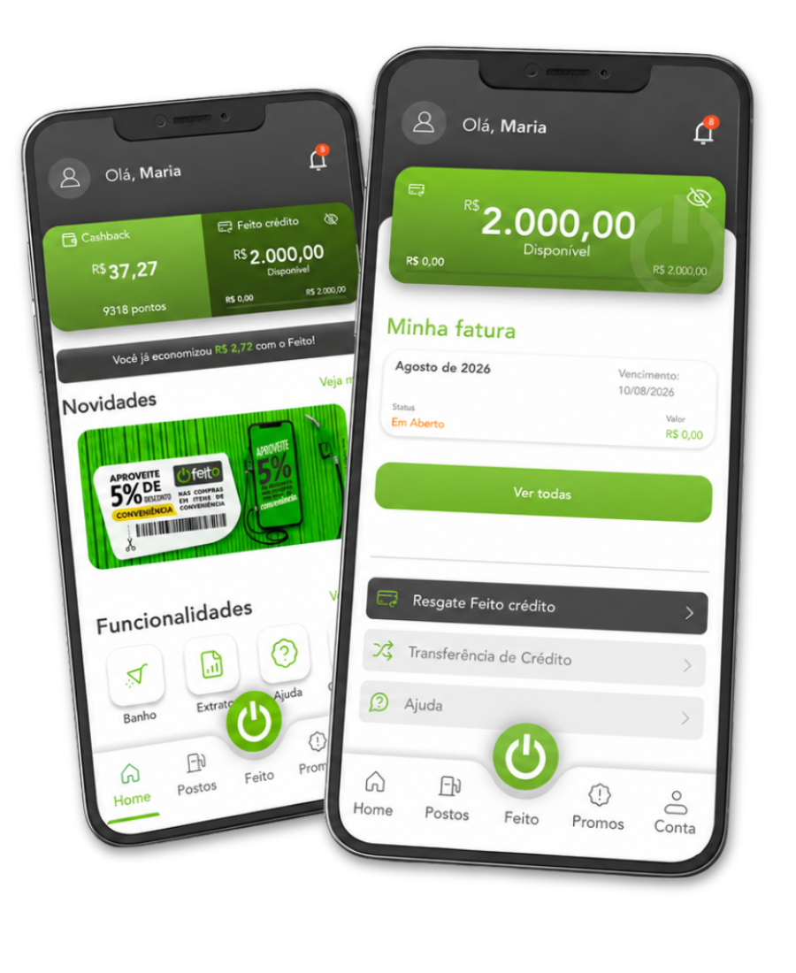 Mockups das telas do Feito Crédito no aplicativo Feito