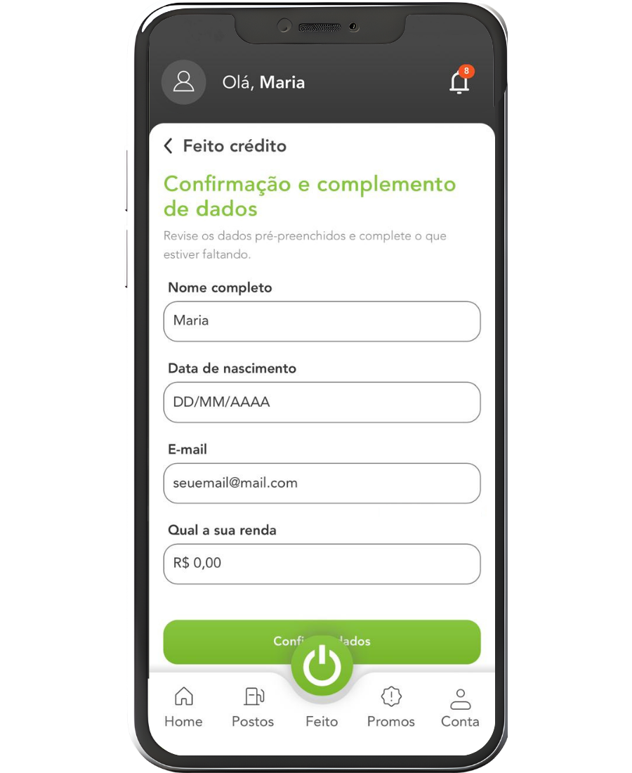 Tela de confirmação de dados do Feito Crédito